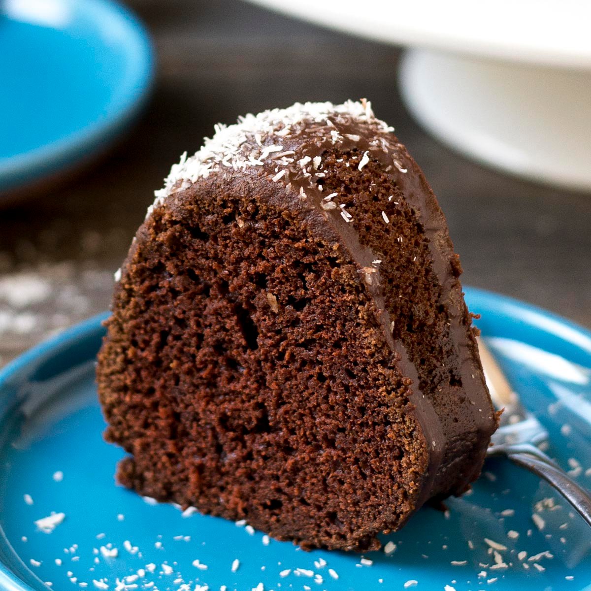 Dairy free chocolate bundt cake on a plate