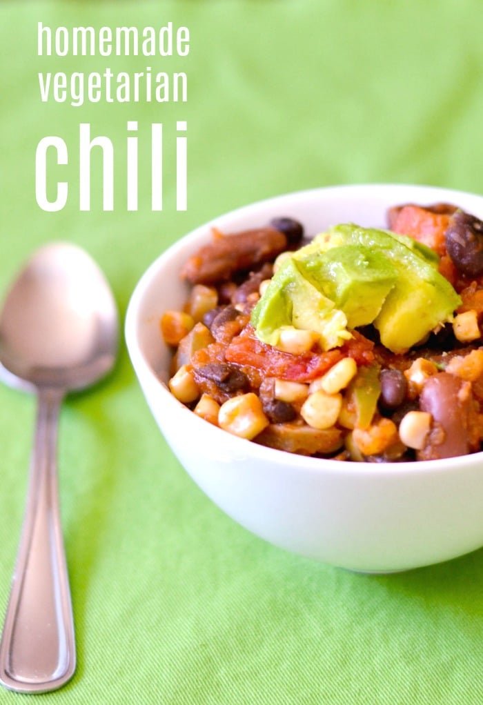 This homemade vegetarian chili recipe is a healthy dinner full of vegetables. This thick vegetarian chili freezes well, too.
